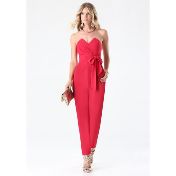 bebe Pants - bebe Natalie Strapless Jumpsuit In Red